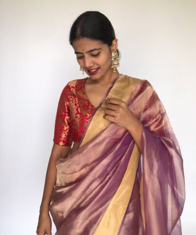 Purple Tissue Organza Silk Saree highlighted with Gold Zari Edging