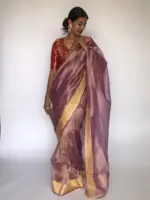 Purple Tissue Organza Silk Saree highlighted with Gold Zari Edging - Image 5