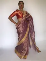 Purple Tissue Organza Silk Saree highlighted with Gold Zari Edging - Image 2