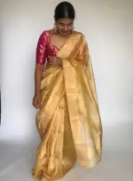 Golden Yellow Tissue Organza Silk Saree highlighted with Gold Zari Edging - Image 4