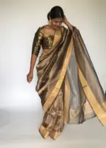 Metallic Gold Tissue Organza Silk Saree highlighted with Gold Zari Edging - Image 6