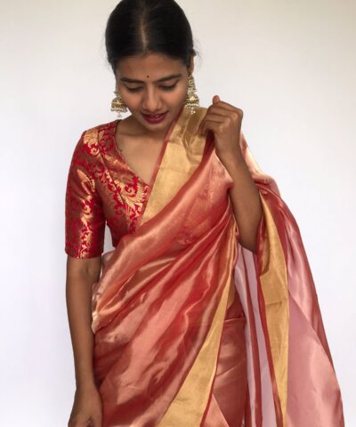Red Tissue Silk Saree highlighted with Gold Zari Edging