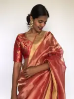 Red Tissue Silk Saree highlighted with Gold Zari Edging - Image 5