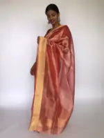 Red Tissue Silk Saree highlighted with Gold Zari Edging - Image 3