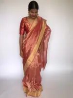 Red Tissue Silk Saree highlighted with Gold Zari Edging - Image 4