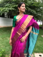 Magenta Mangalagiri Silk Saree woven in Gold Zari Chequered Pattern