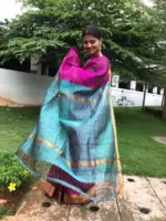 Magenta Mangalagiri Silk Saree woven in Gold Zari Chequered Pattern - Image 2