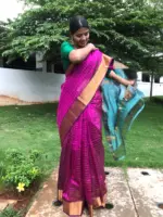 Magenta Mangalagiri Silk Saree woven in Gold Zari Chequered Pattern - Image 4