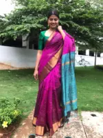 Magenta Mangalagiri Silk Saree woven in Gold Zari Chequered Pattern - Image 3