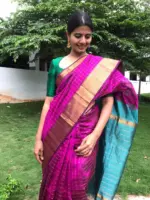 Magenta Mangalagiri Silk Saree woven in Gold Zari Chequered Pattern - Image 5