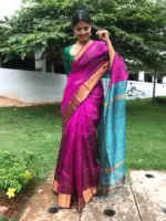 Magenta Mangalagiri Silk Saree woven in Gold Zari Chequered Pattern - Image 6