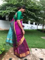 Magenta Mangalagiri Silk Saree woven in Gold Zari Chequered Pattern - Image 7