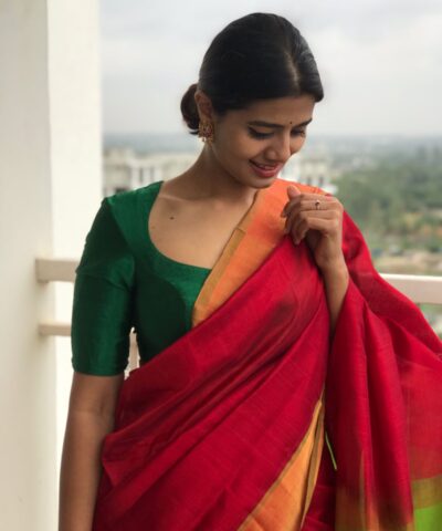 Red Mangalagiri Silk Saree highlighted with Silk Border