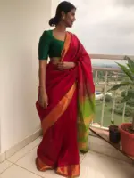 Red Mangalagiri Silk Saree highlighted with Silk Border - Image 4