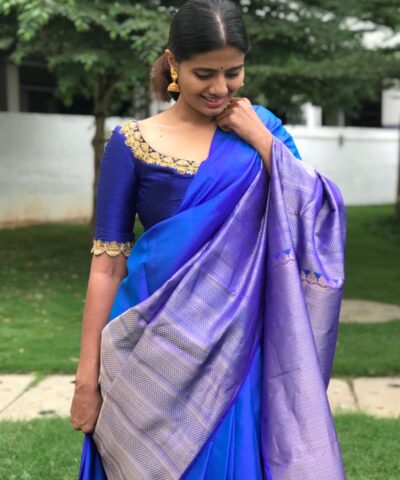 Royal Blue Kanjivaram Silk Saree Handwoven with Silver Zari Weaves