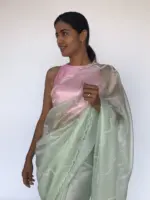 Sea Green Hand Embroidered Tissue Organza Silk Saree8901