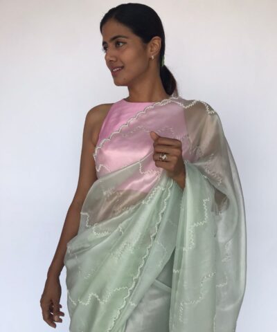 Sea Green Hand Embroidered Tissue Organza Silk Saree8901