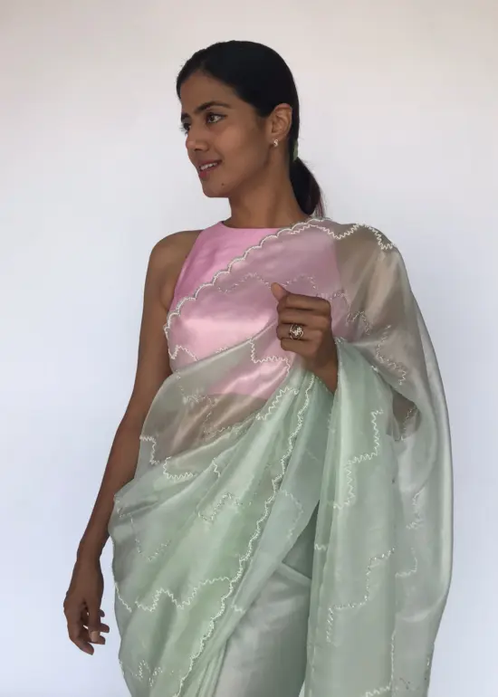 Sea Green Hand Embroidered Tissue Organza Silk Saree8901