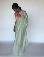 Sea Green Hand Embroidered Tissue Organza Silk Saree8901 - Image 3