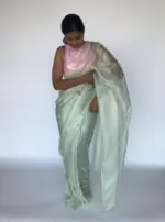Sea Green Hand Embroidered Tissue Organza Silk Saree8901 - Image 4