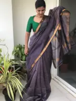 Lilac Mangalagiri Silk Saree with Gold Zari Weaves - Image 5