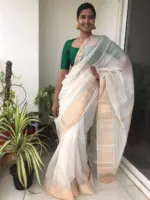 Offwhite Mangalagiri Silk Saree with Gold Zari Weaves - Image 2