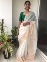 Offwhite Mangalagiri Silk Saree with Gold Zari Weaves - Image 4