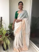 Offwhite Mangalagiri Silk Saree with Gold Zari Weaves - Image 3
