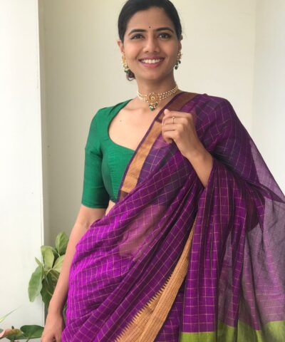 Purple Mangalagiri Silk Saree with Gold Zari Weaves
