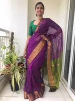 Purple Mangalagiri Silk Saree with Gold Zari Weaves - Image 2