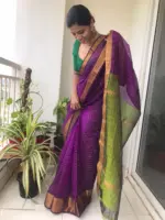Purple Mangalagiri Silk Saree with Gold Zari Weaves - Image 5