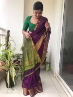 Purple Mangalagiri Silk Saree with Gold Zari Weaves - Image 3