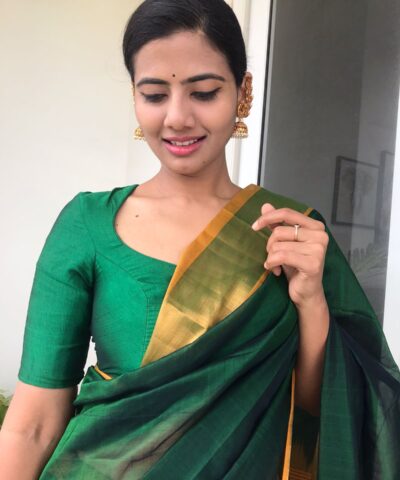 Bottle Green Mangalagiri Silk Saree with Silk Border