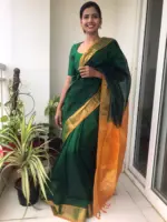 Bottle Green Mangalagiri Silk Saree with Silk Border - Image 2