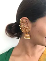 Premium Gold Alike Multicolor Kemp Pakshi Jhumkhas - Image 2