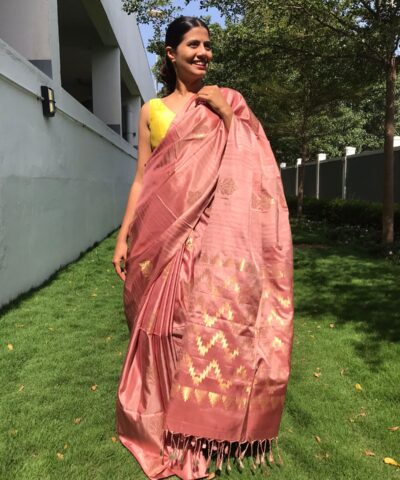 Peach Kanjivaram Silk Saree Handwoven with Gold Zari Weaves