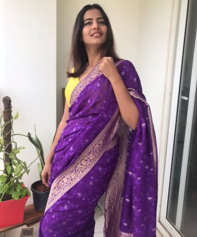 Purple Georgette Saree highlighted with Jaquard Gold Zari Weaves