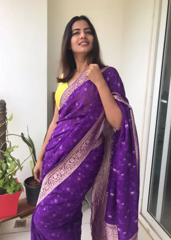Purple Georgette Saree highlighted with Jaquard Gold Zari Weaves