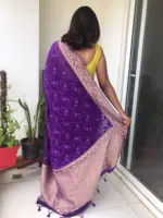 Purple Georgette Saree highlighted with Jaquard Gold Zari Weaves - Image 3