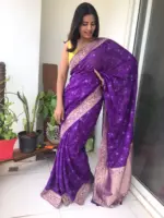 Purple Georgette Saree highlighted with Jaquard Gold Zari Weaves - Image 4