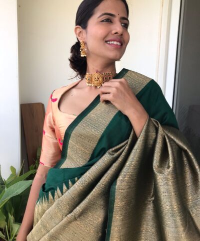 Bottle Green Banarasi Silk Saree with Antique Gold Zari Weaves