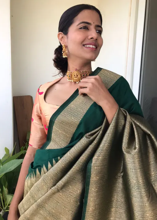 Bottle Green Banarasi Silk Saree with Antique Gold Zari Weaves