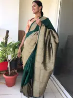 Bottle Green Banarasi Silk Saree with Antique Gold Zari Weaves - Image 4