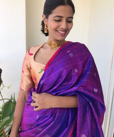 Purple Kanjivaram Silk Saree Handwoven in Chequered Pattern with Pakshi Motifs