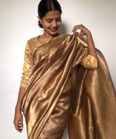 Metallic Brown Tissue Silk Saree with Resham Zari Weaves highlighted with Jacquard Zari Border