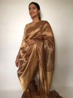 Metallic Brown Tissue Silk Saree with Resham Zari Weaves highlighted with Jacquard Zari Border - Image 4