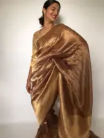Metallic Brown Tissue Silk Saree with Resham Zari Weaves highlighted with Jacquard Zari Border - Image 2