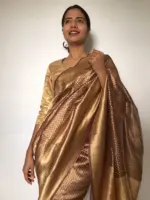 Metallic Brown Tissue Silk Saree with Resham Zari Weaves highlighted with Jacquard Zari Border - Image 6