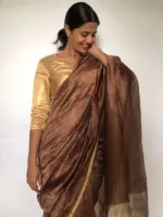 Metallic Brown Chiniya Silk Saree with Gold Resham Zari Weaves - Image 5
