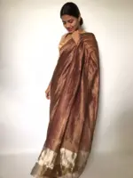 Metallic Brown Chiniya Silk Saree with Gold Resham Zari Weaves - Image 7